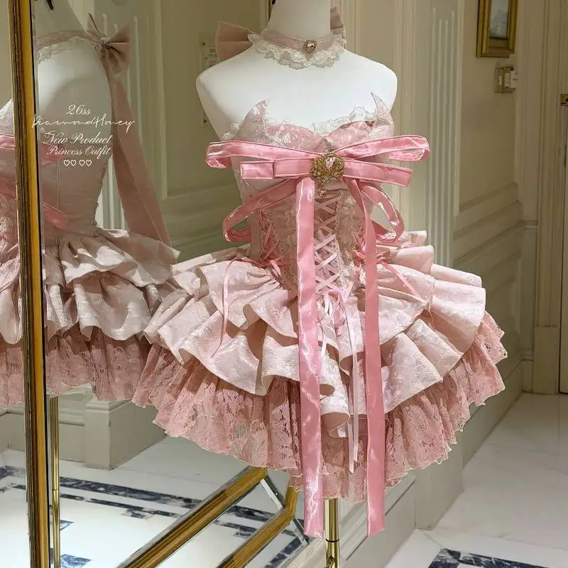 Halter-Spitzenkorsett mit Schnürung, großer Schleife, gestuftem Rüschen-Mini-Prinzessinnen-Partykleid im Ballett-Stil, süßes, sexy, süßes Prinzessinnen-Geburtstagskleid