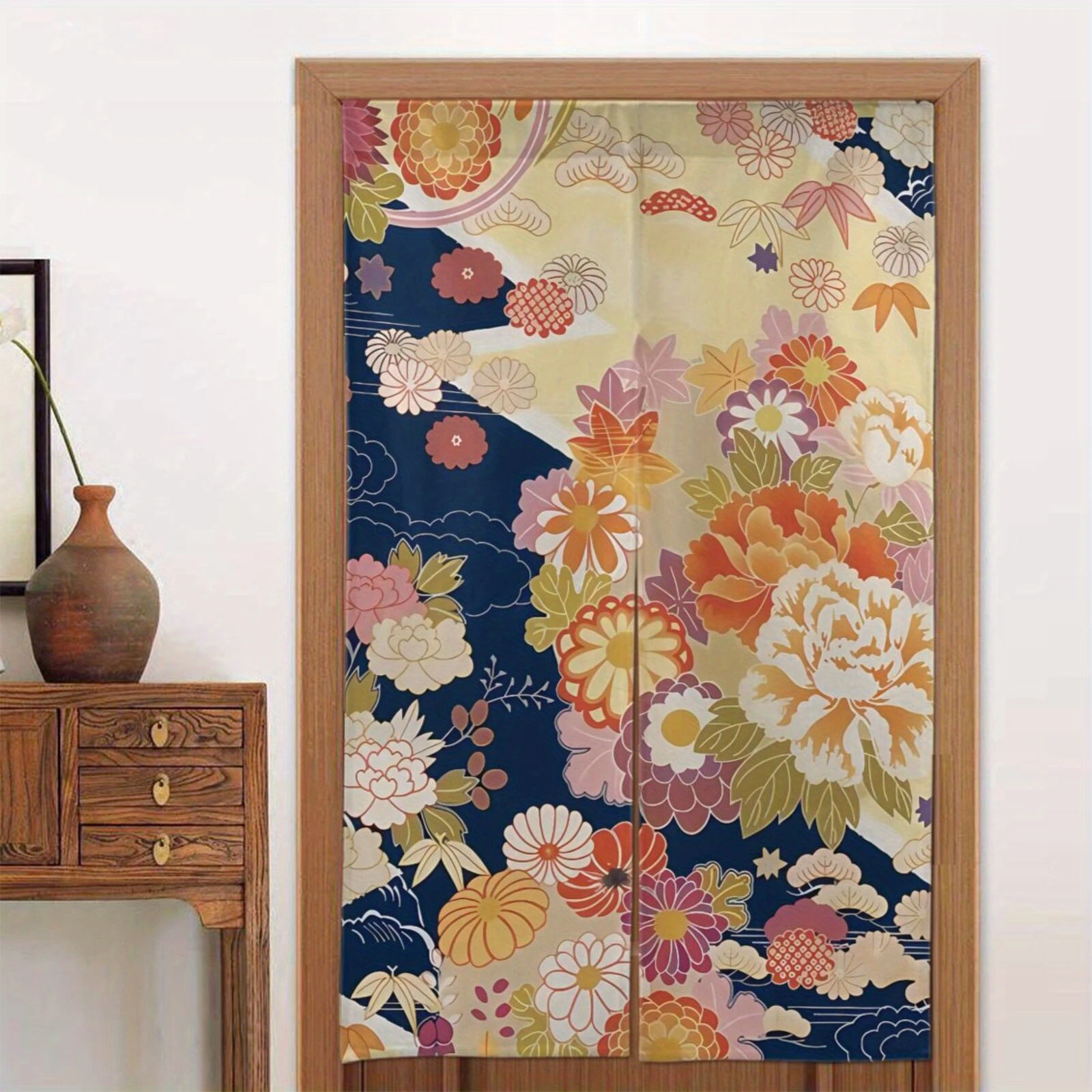 VIKAMA Vintage Peony Floral Half-Door Curtain, Ukiyo-e Floral Room Divider Curtain, Dust-Proof Home Decor Curtain