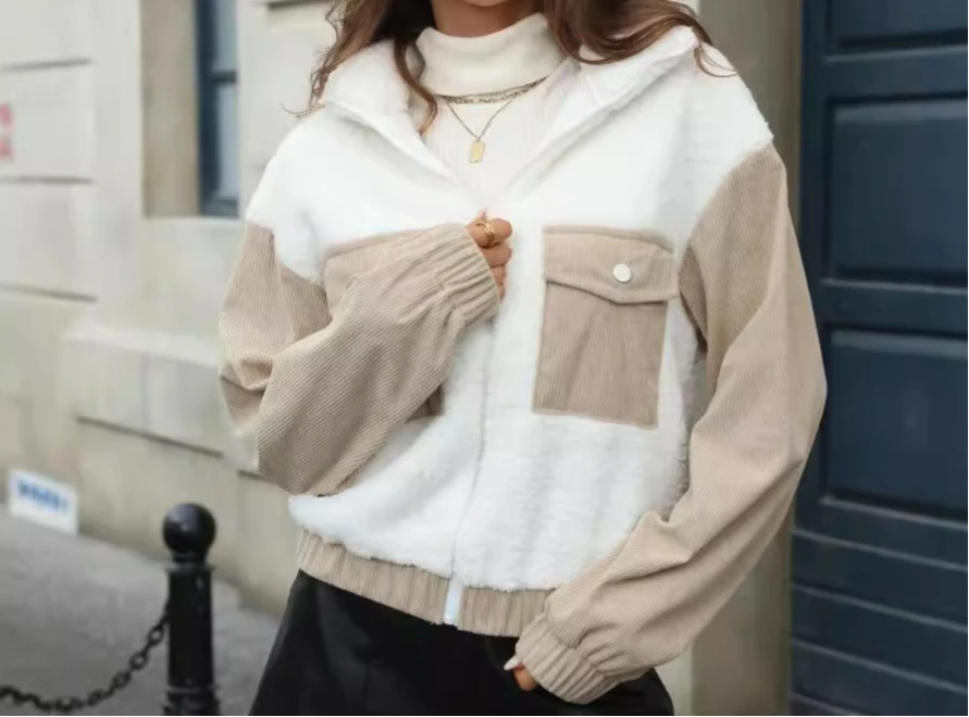 

2025 New Fall/Winter Women's Plush Stitched Loose Cardigan Jacket