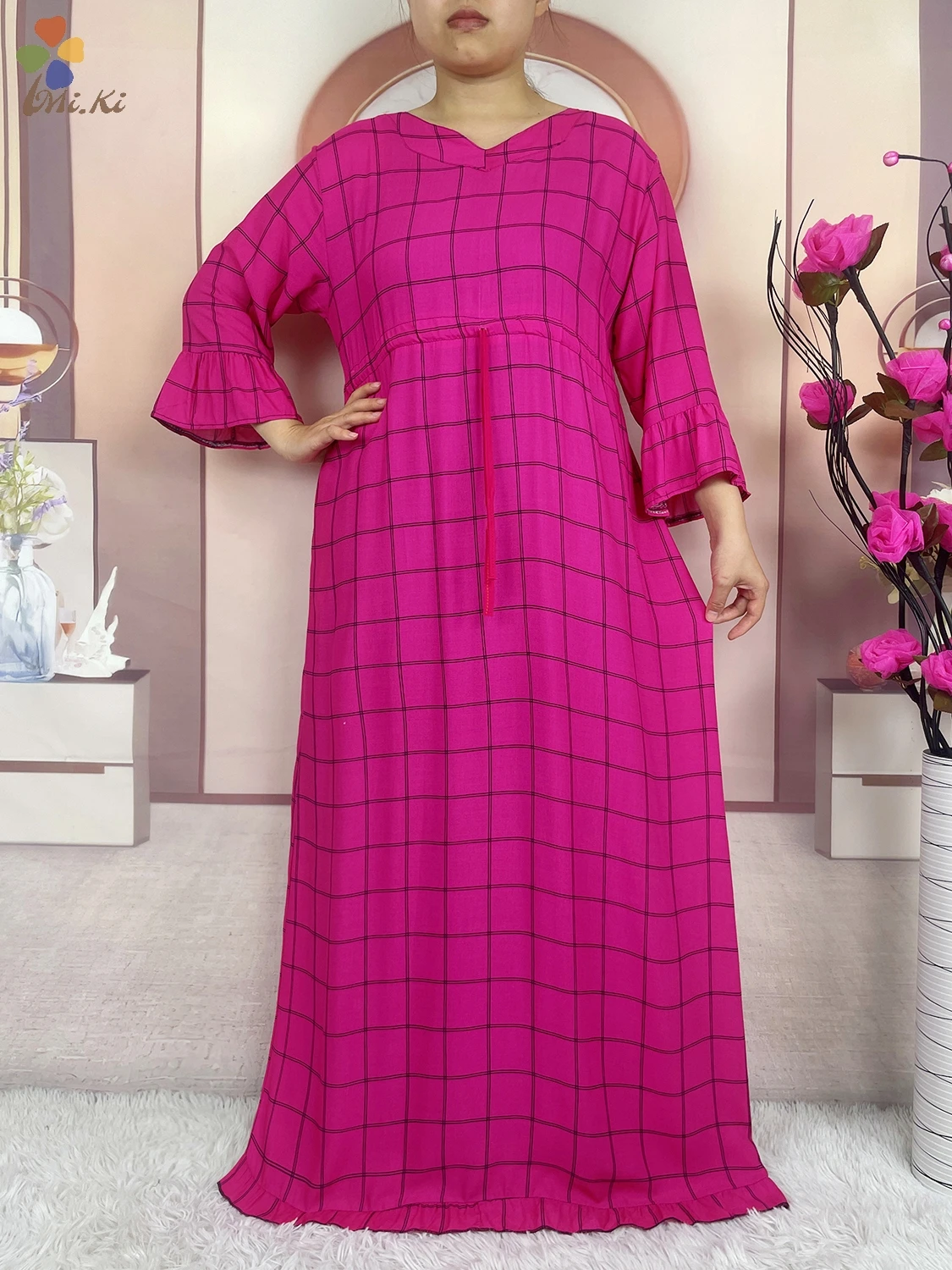 Hot Selling Kaftan Women Clothing Checkered Pattern Long Sleeved Cotton Dress Dubai African Women Dress Islamic Casual Clothing