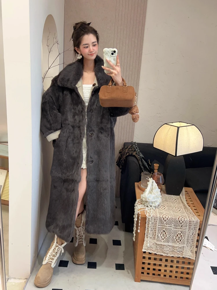 Women Winter Parka Thick Warm Natrual Real Rabbit Fur Liner Wear On Both Sides With Lamb Sheep Fur Collar Fashion Long Fur Coat