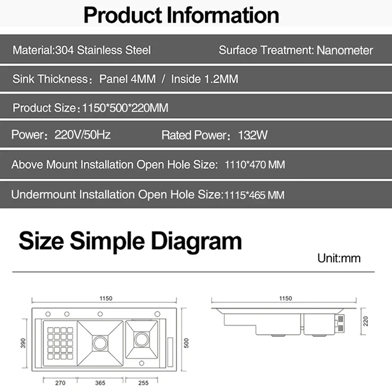 ASRAS 11550 NJH большая умная Очищающая кухонная раковина ручной работы, ультразвуковая умная Очищающая кухонная раковина