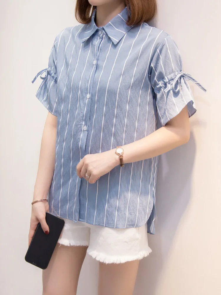 

Oversize Striped Bow Blue Shirts Female Summer Korean Split Short Sleeve Large Blouses Vintage Fashion Tops Women Clothing
