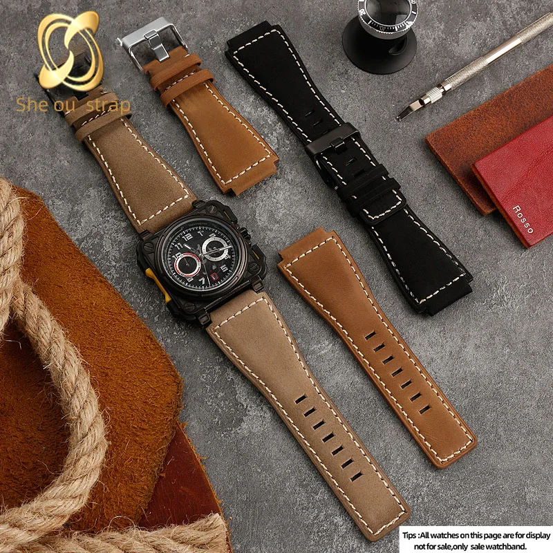 Real leather Watch band For Bell Ross BR01/BR03 Men\'s Pin Buckle Wristband  34*24mm Black/olivegreen Watch strap