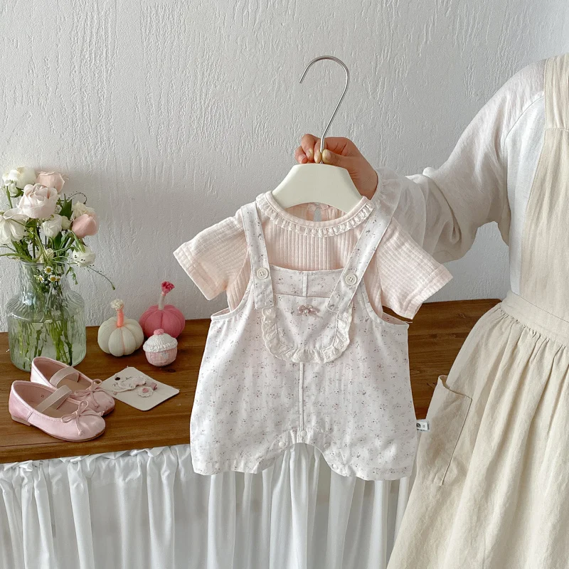 

Комплект детских комбинезонов Dianxi с цветочным принтом, летний новый повседневный комплект из двух предметов: ромпер с коротким рукавом и шорты