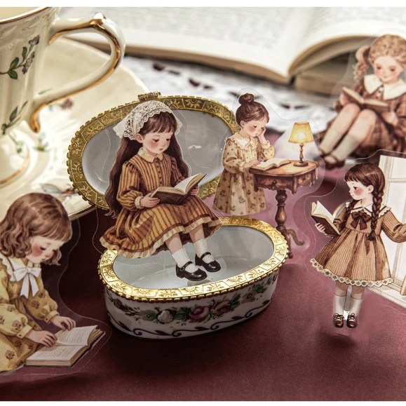 Time Slow Reading Series Vintage Girl Character Landscape PET Sticker Creative DIY Journal Material Collage Stationery