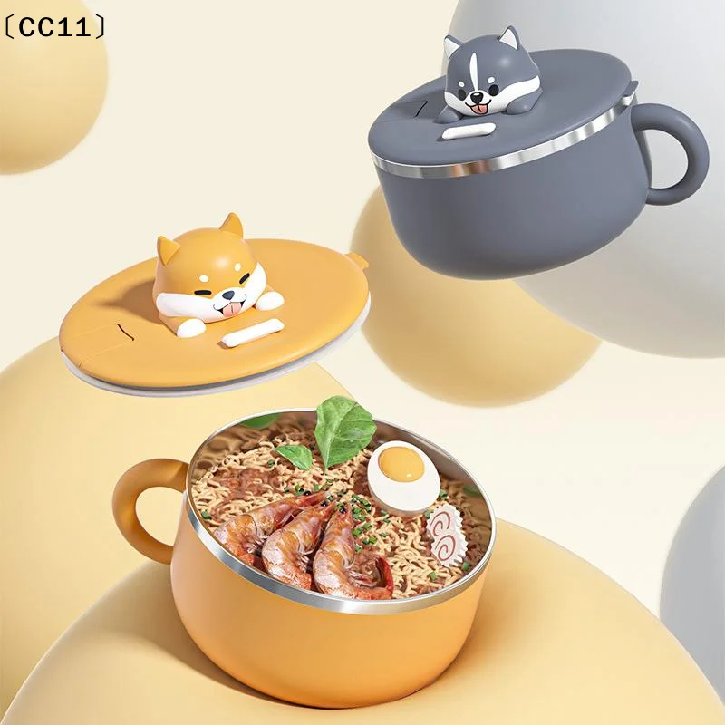 Cute Dog Instant Noodle Bowl Stainless Steel With Lid Large Fruit Salad Bowl Student Dormitory Portable Lunch Box 1000ML〔CC11〕