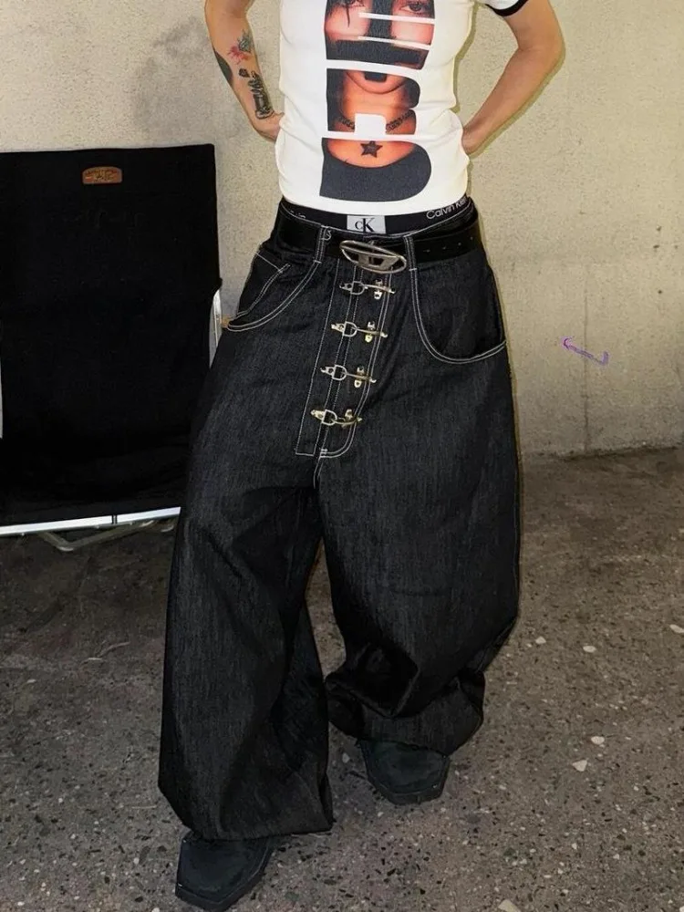 Dames metalen gesp ontwerp gebogen wijde pijpen jeans hoge taille rechte baggy denim broek vrouwelijke vintage street style broek