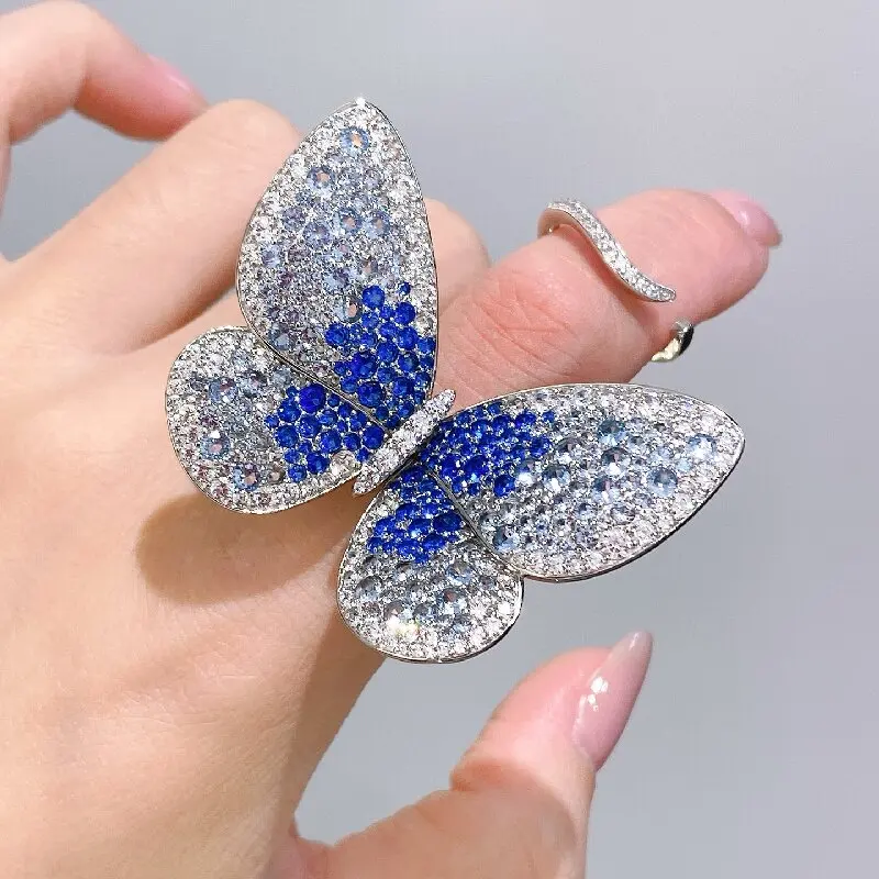 

ARIGAYA 925 Sterling Silver Luxury Green Blue Butterfly Ring Party Wedding Fine Jewelry for Women