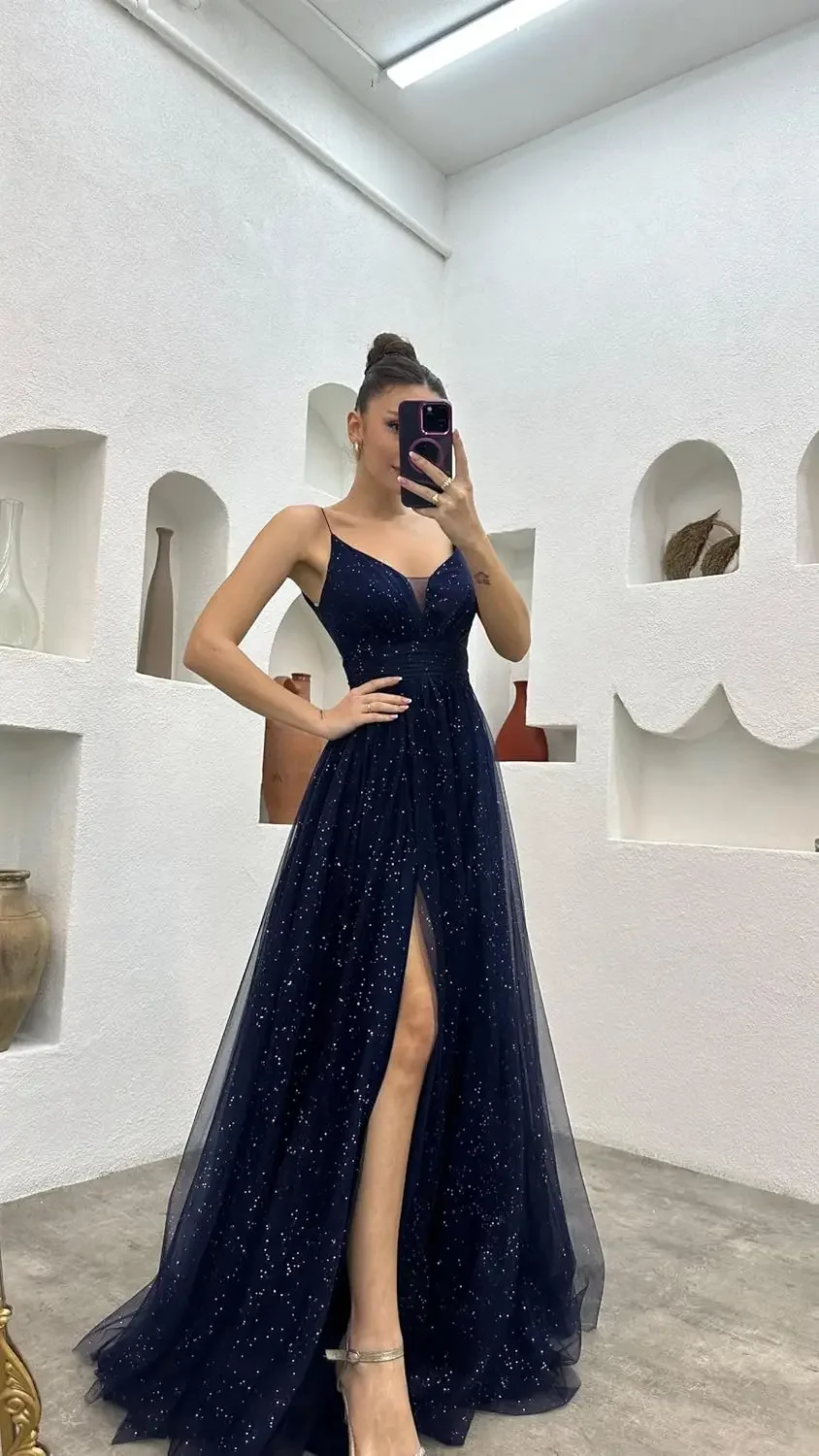 

Luxury Dress 2025 Sparkly Tulle Formal Prom Dress Pleated A-Line Ball Gown with Spaghetti Straps Slit for Women Evening Dresses
