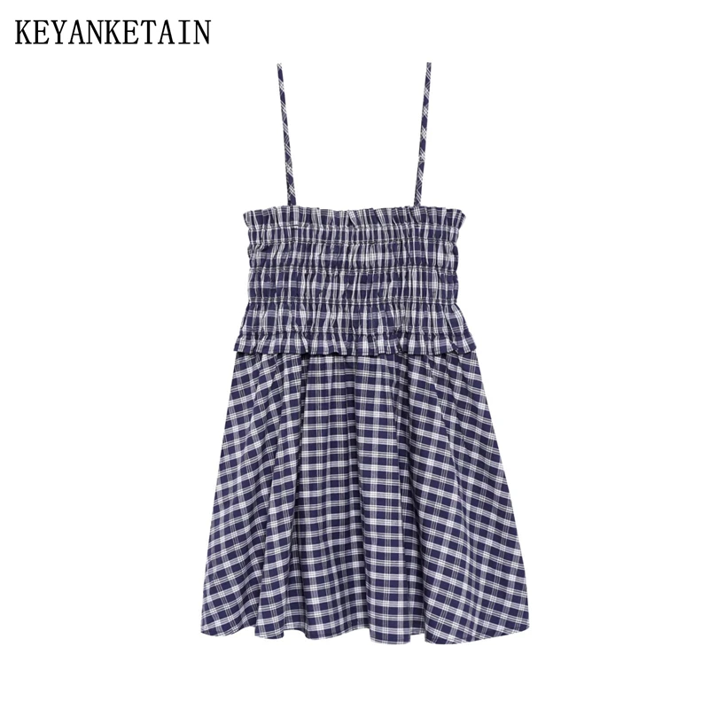 KEYANKETIAN Summer New Women's Detachable Strappy Dress Holiday wind Elastic Waist Patchwork Plaid Mini Dresses A Line Skirt