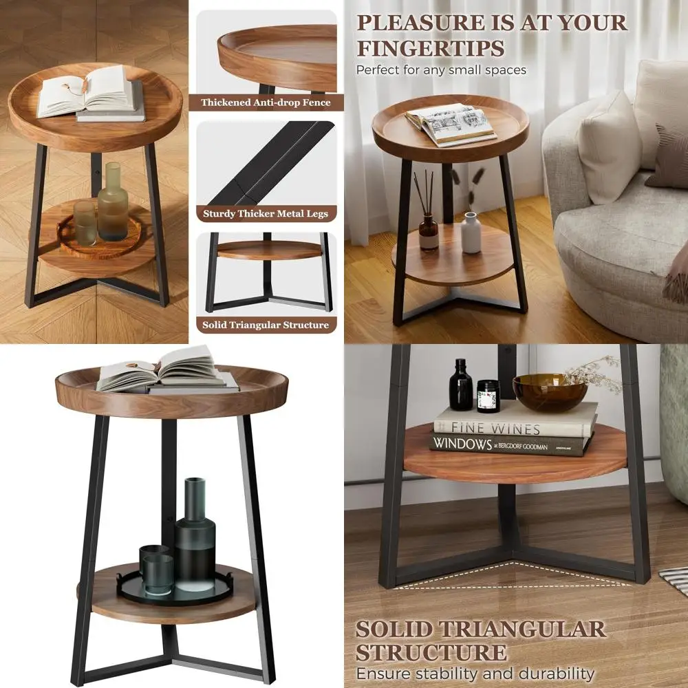 

Двухуровневый приставной столик в стиле фермерского дома с полкой для хранения, деревянной столешницей и черным металлическим каркасом, коричневый, 15,7x15,7x23 дюйма