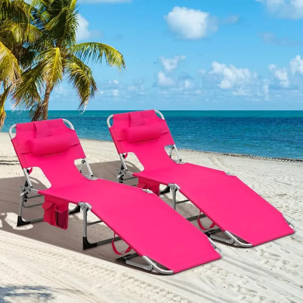 Pink 2-Piece Outdoor Beach Lounge Chair Set with Hole, Adjustable Backrest, Side Table, Removable Pillow