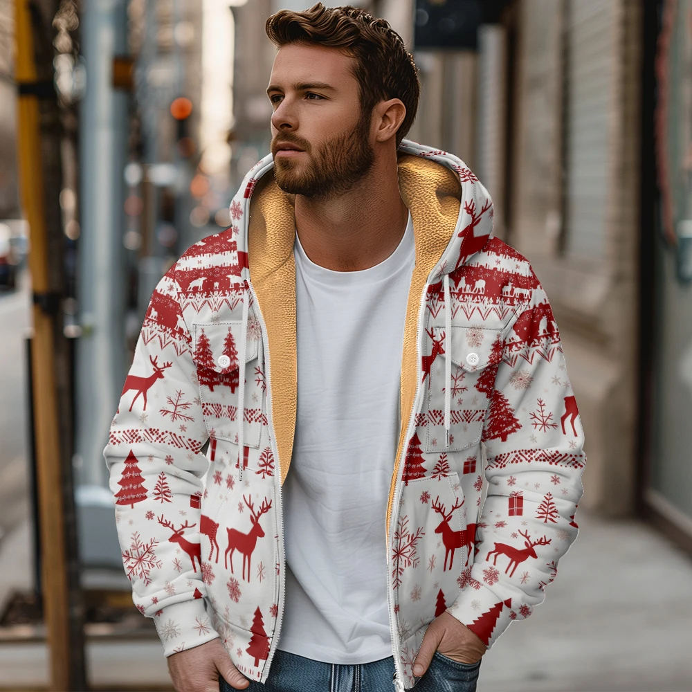 Winter Warm Christmas Cardigan Vintage Fashion Men\'s Comfortable Zipper Fleece Jacket for Men Chic Trendy Outdoor Loose Clothing