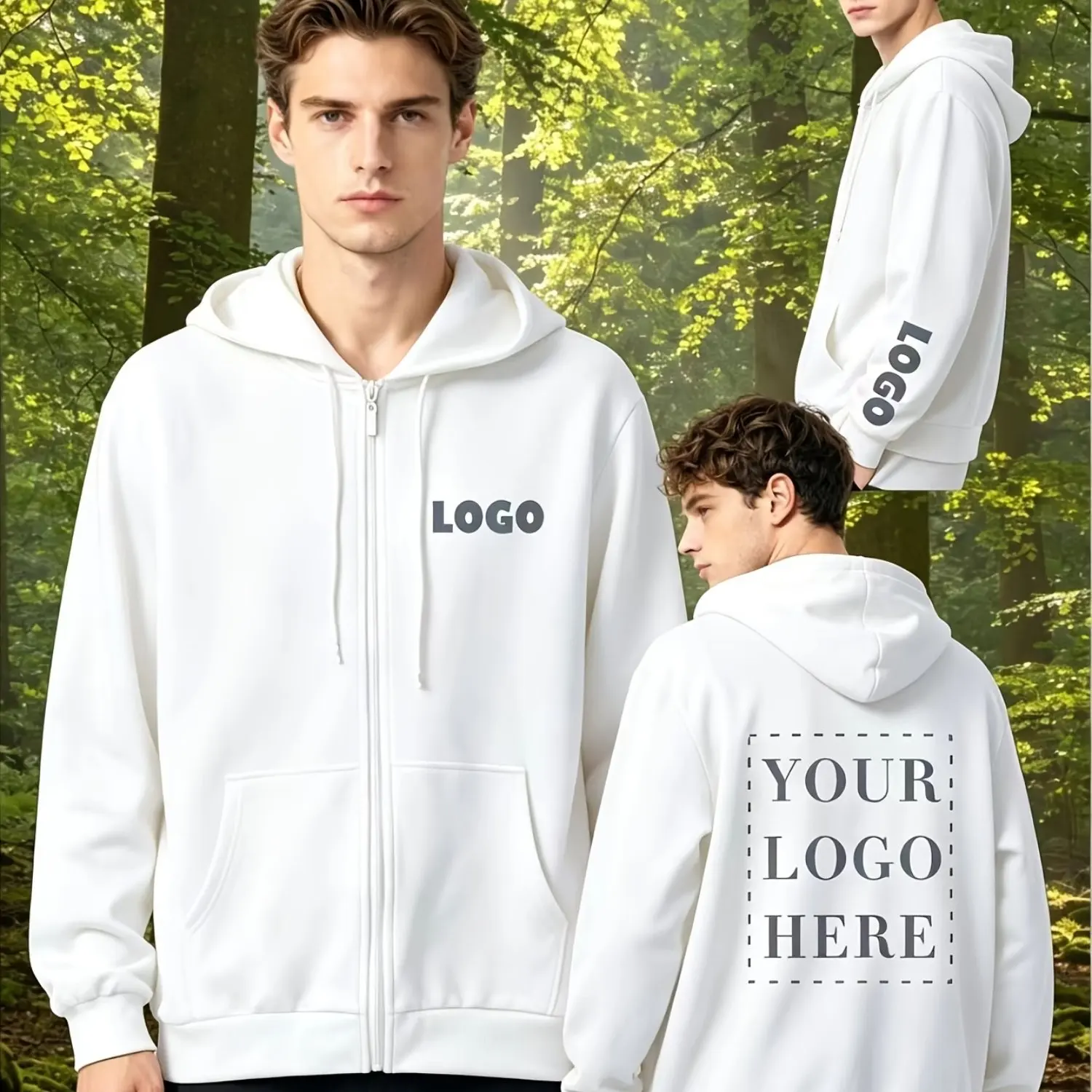 DIY Custom Your Brand Logo Men's and Women's Casual Hoodie, Solid Color Zip-Up Street Style Sweatshirt, Custom Gift