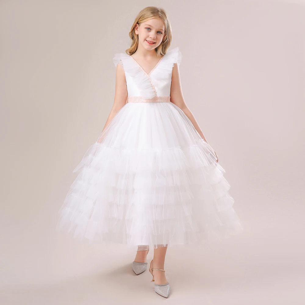 

Teen White Bridesmaid Dresses Tulle Flower Girls Princess Dress For Wedding Evening Costume Big Bow Kids Girl Party Prom Gown