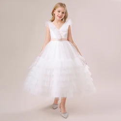 Elegant Teen Girls White Bridesmild Dresses Bow Puffy Tulle Girl Princess Party Dress V-Neck Children Ceremony Wedding Prom Gown
