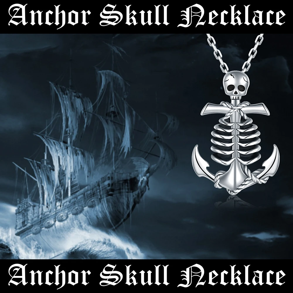 925 Sterling Silver Skull Anchor Necklace Skeleton Gothic Pendant Pirate Nautical Sailors Cool Punk Jewelry Gifts for Men Women