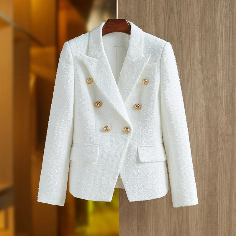 Newest Solid Office Lady Double-Breasted Blazer Coat Women Luxury Texture Tweed Niche Design Fit Spring Fall White Jacket