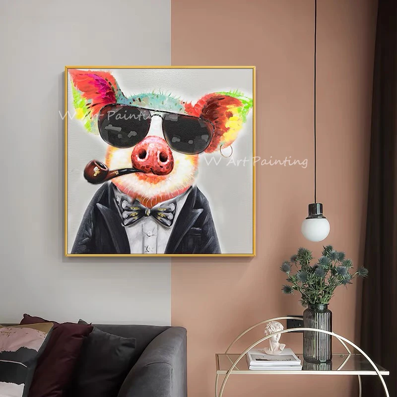 Colorful pig animal cute with smoking oil painting on canvas Handmade ModernTextured painting abstract painting as a gift