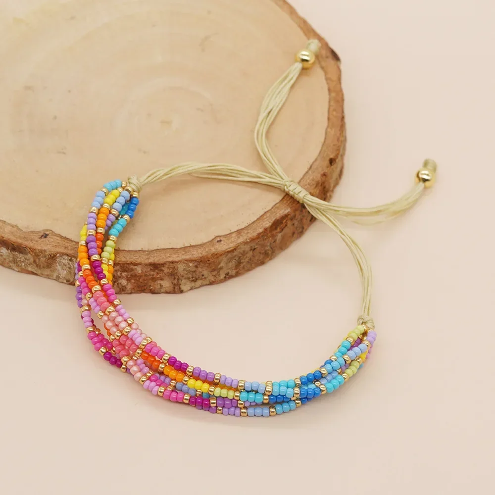 Rice bead bracelet Multilayer Rainbow Originality Splice Hand knitting Adjustable Bohemia Fashion Female Simple Beaded bracelet