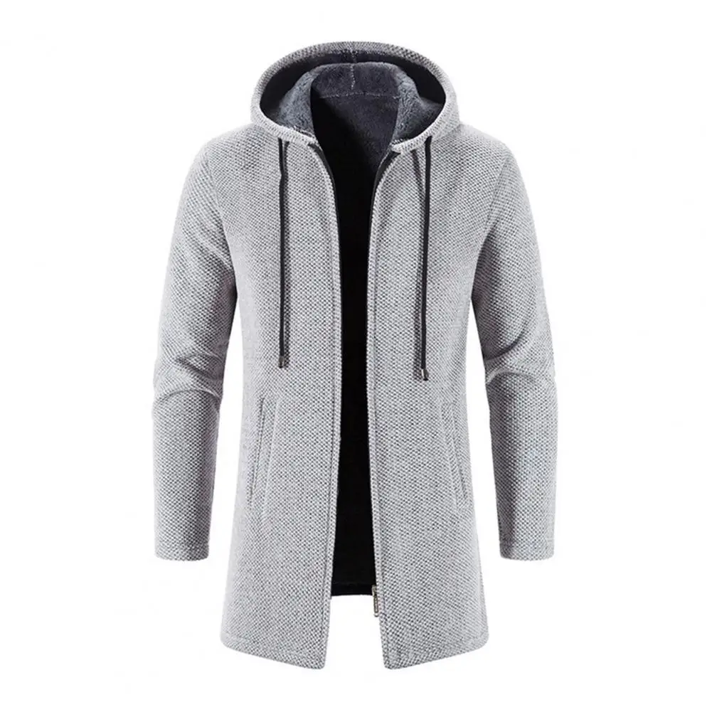 Men Knitting Jacket Warm Winter Coat Hooded Drawstring Long Sleeve Jacket Zipper Placket Mid-length Sweatshirt Male Knitwear