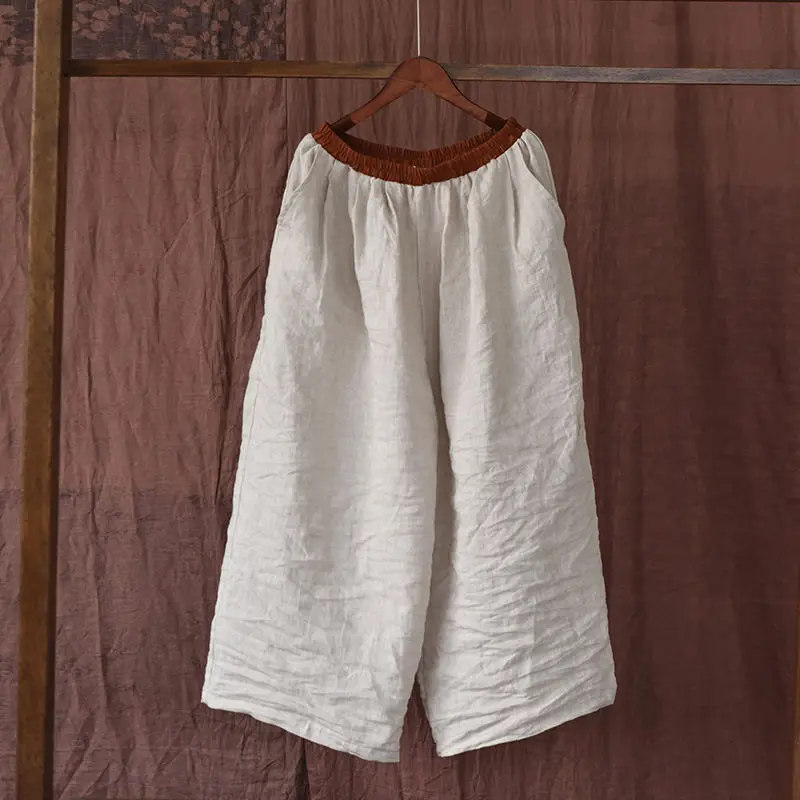 Wide-leg Pants Contrasting Elastic Waist Versatile Cotton and Linen Casual Pants Retro Loose Simple Nine-point Pants