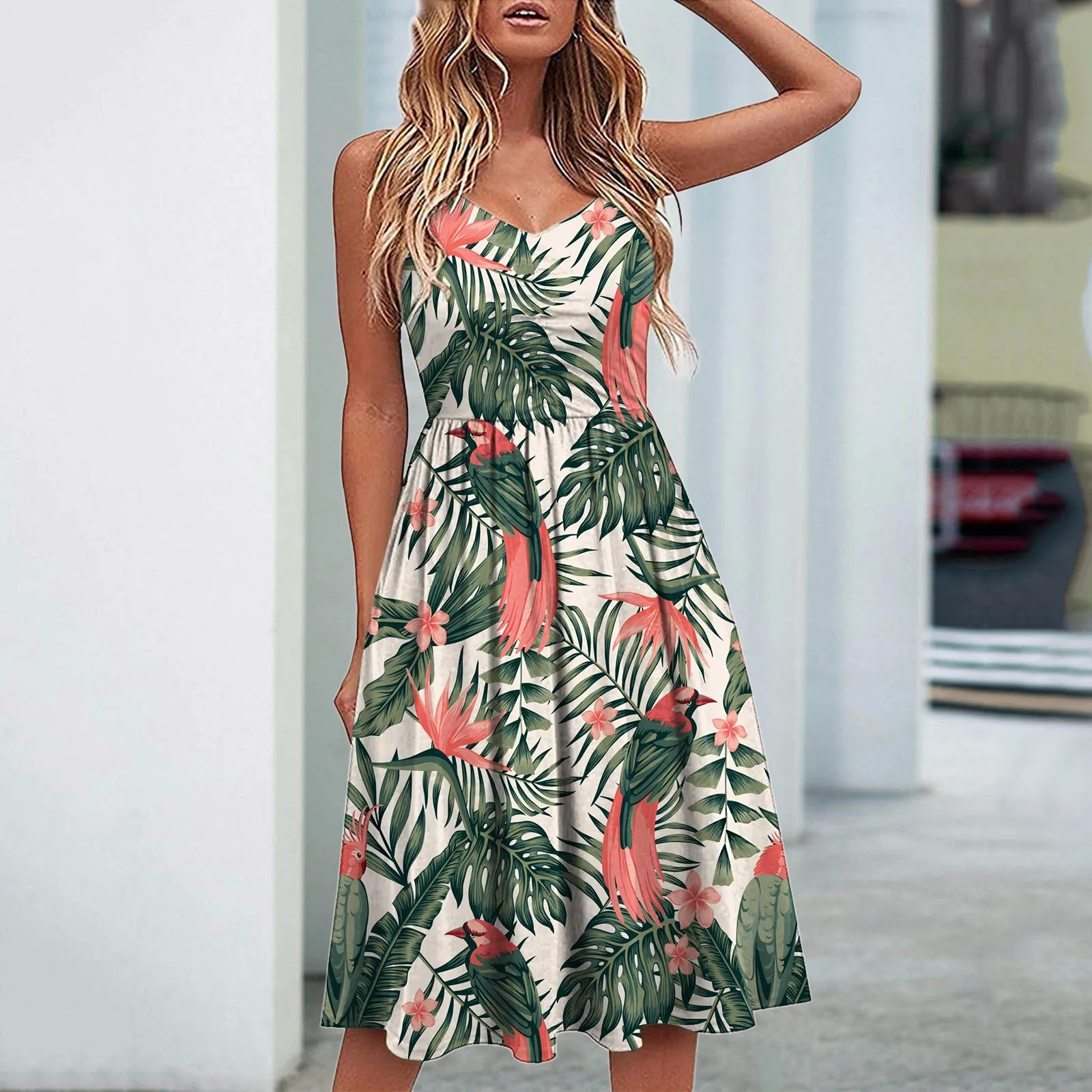 Casual Dresses For Women Sexy V Neck  Summer Spaghetti Strap Casual Floral Printing Sundress Elegant Party Swing Mid-Long Dress