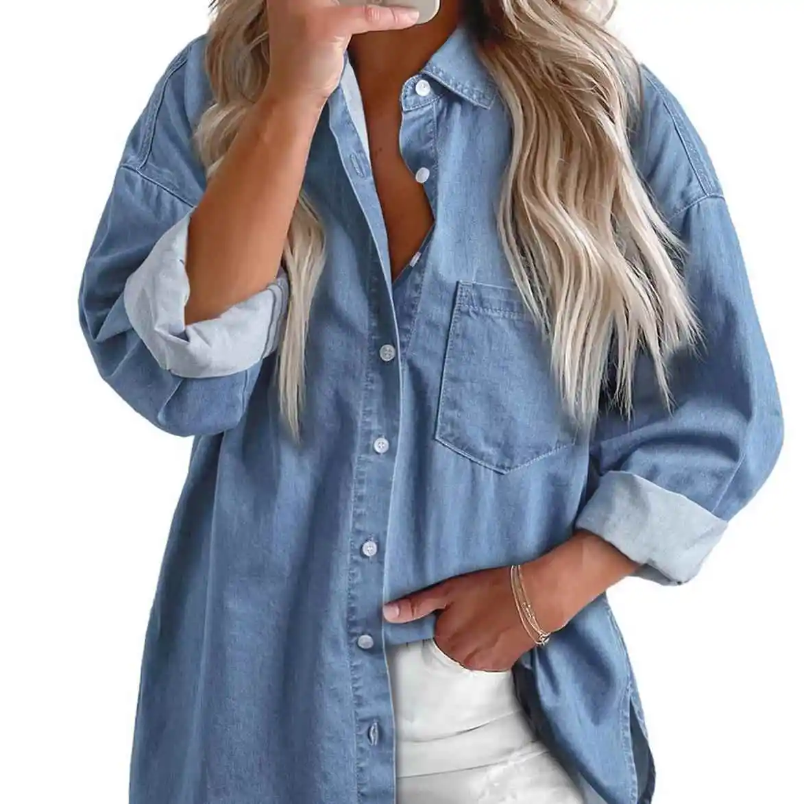 Lange Sve Denim irt dameskraag met knoopsluiting Faionable ort bovenkleding voor vrouwen van middelbare leeftijd, zomerseizoen 2024