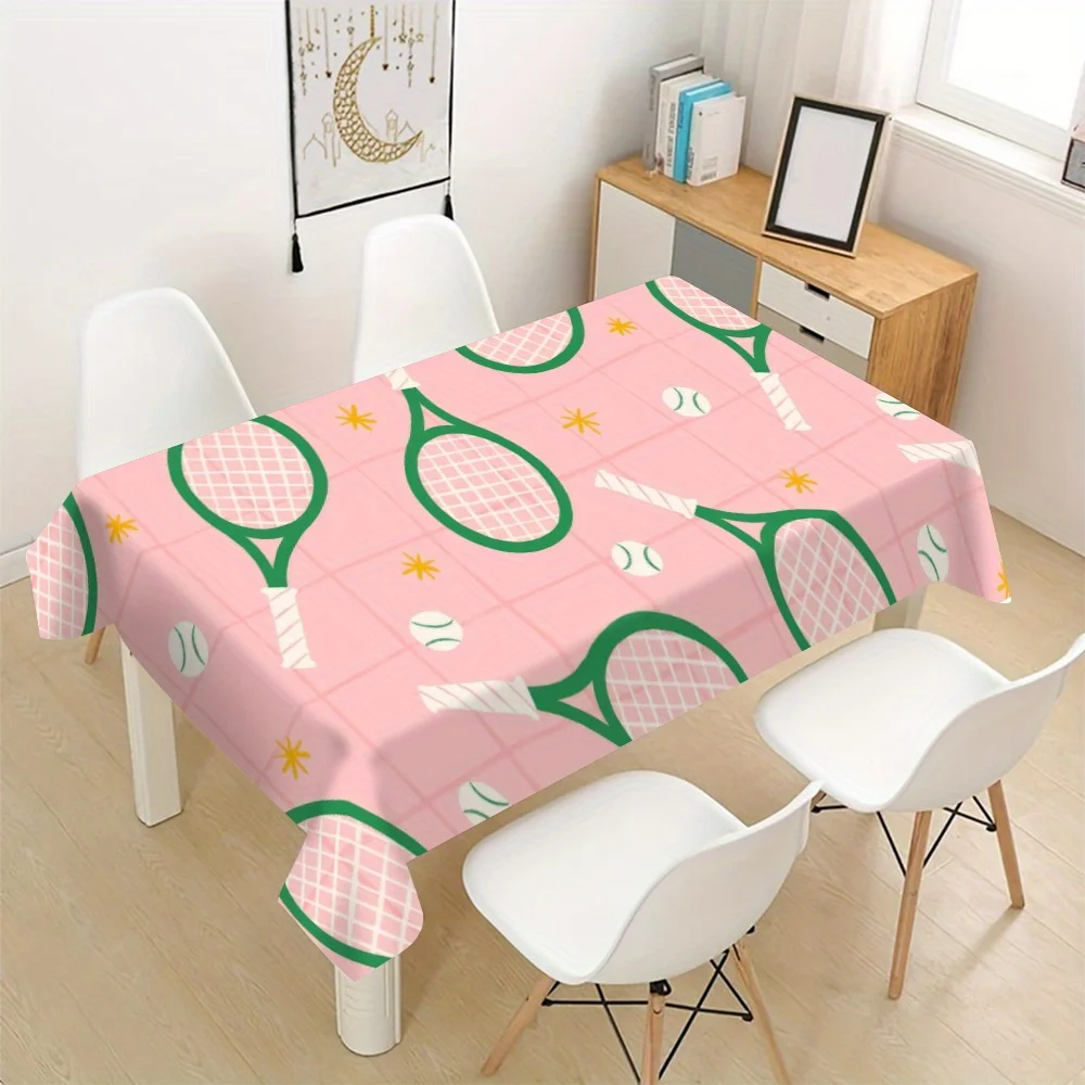 Racket Tablecloth, Pink Background Tennis Element Print Cover, Anti-stain Table Cloth, Decor for Dining Sports Theme Party Table