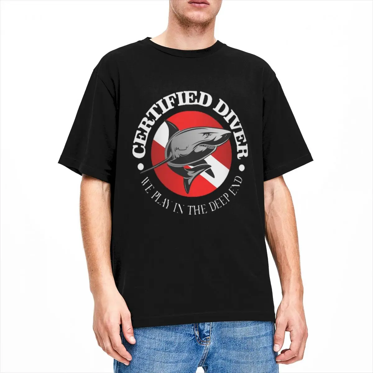 Novelty Certified Diver Shark T-Shirts Men Women's Crew Neck Cotton Scuba Diving Short Sleeve Tees Printed Clothing