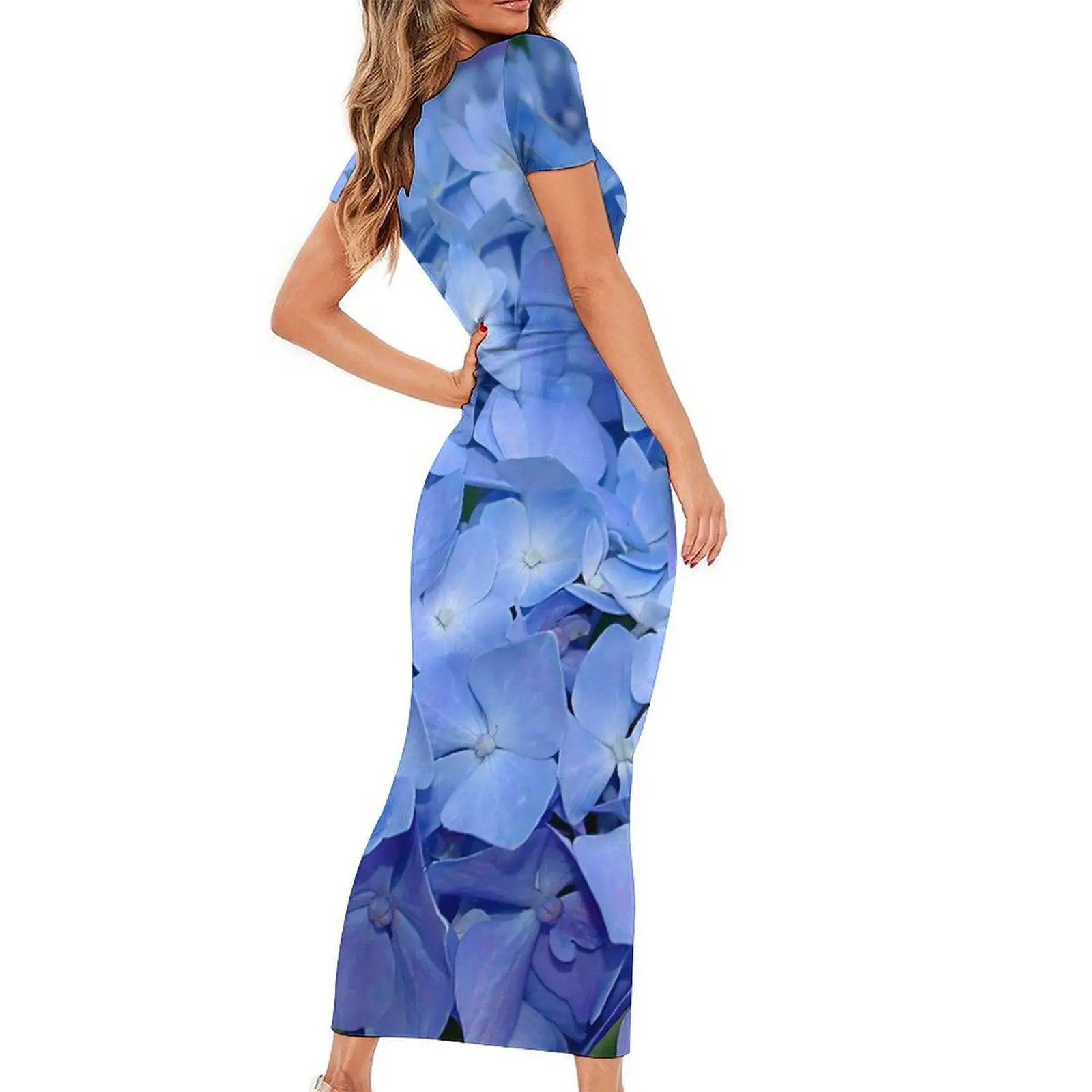 Vintage Blue Flower Dress Short Sleeve Hydrangea Print Aesthetic Maxi Dresses Night Club Bodycon Dress Ladies Big Size Vestido