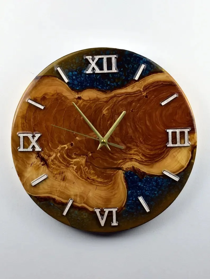 New Arrival Rustic Olive Wood Epoxy Resin Wall Clock River Style Personalized Handmade Art Wooden Clock​