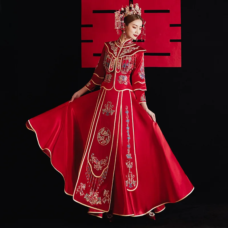 

Red Beading Embroidery Bride Costume Clothing Elegant Sequin Wedding Dress Vintage Traditional Chinese Women Marriage Set