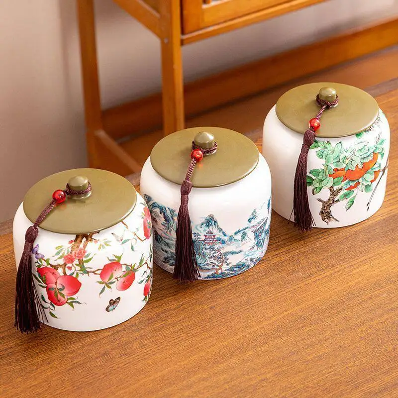 Chinese Ceramic Tea Canister Moisture-proof Sealed Candy Snack Box Household Large Capacity Nut Coffee Bean Medicine Storage Jar