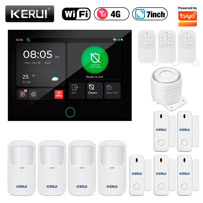KERUI WiFi + 4G Alarmsysteemkit 7-inch touchscreen inbraakalarm FSK/ASK Beveiligingsbescherming Werkt met Tuya 433MHZ-sensor