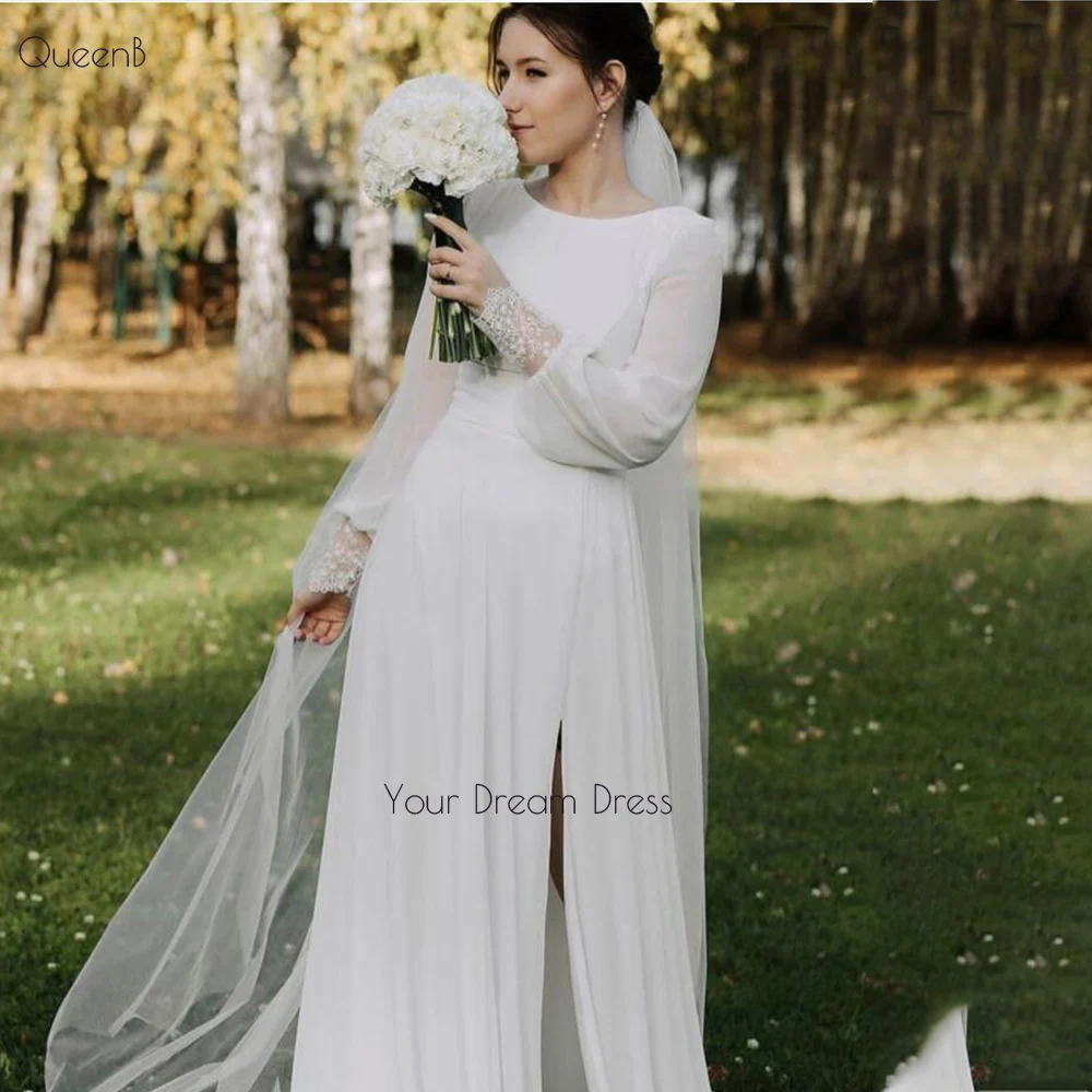 Simple Long Sleeve Chiffon Wedding Dress For Women Bridal  Gowns Side Slit Floor Length Courtry Civil Robe De Mariee Custom Made