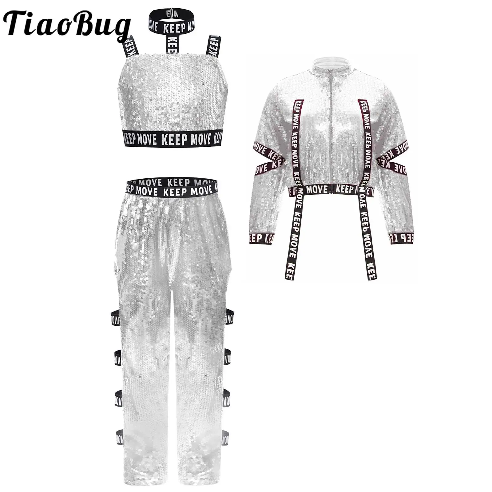 

Kids Girls Jazz Dance Stage Performance Costume Modern Street Dancewear Glittery Sequin Vest with Long Sleeves Jacket and Pants