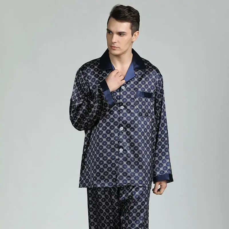 Men's Printed Silk Loungewear Outfit Spring Fall Long Sleeve Pants Pajamas Set Oversize Autumn Casual Baggy Home Service Suit