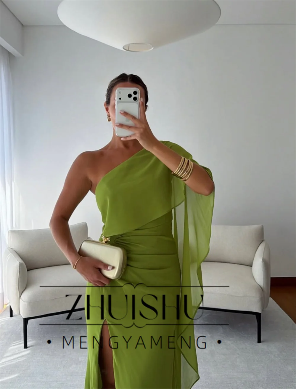 ZHUISHU Vintage Green Mermaid Evening Dress Women One-Shoulder Sleeveless Slit Formal Party Gown Vestidos De Noche Customized view 4