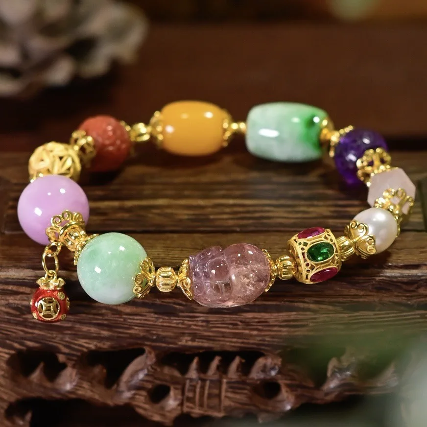 

Natural Multi-Gemstone Bracelet, Pink Tourmaline Pi Xiu A-Grade Jade Kunzite Lucky Bag 925 Silver, Colorful Jewelry Gift