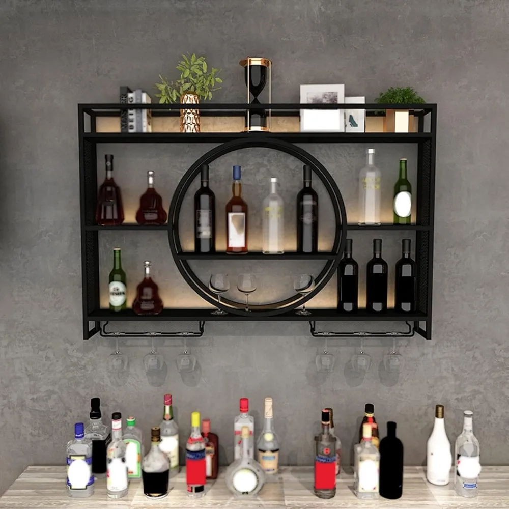 Armoire à vin murale en métal T1 avec porte-verre, cave à vin ronde à 3 couches T1, armoire à bar de grande capacité, 39.3 po