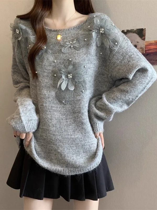 Maglione floreale in pizzo lavorato a maglia da donna coreano allentato autunno inverno nuova maglieria a fiori dimensionali con maglietta bianca Lazy Sle