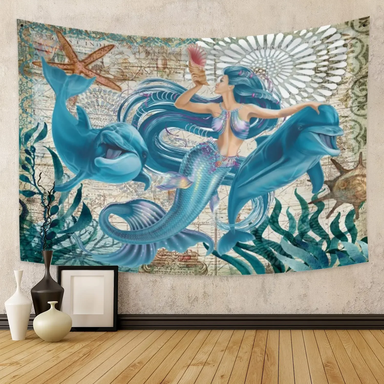 Mermaid Tail Tapestry Fish Scale Ocean Theme Purple Blue Mermaid Tail Drift Bottle Wall Hanging Bedroom Living Room Dorm Decor