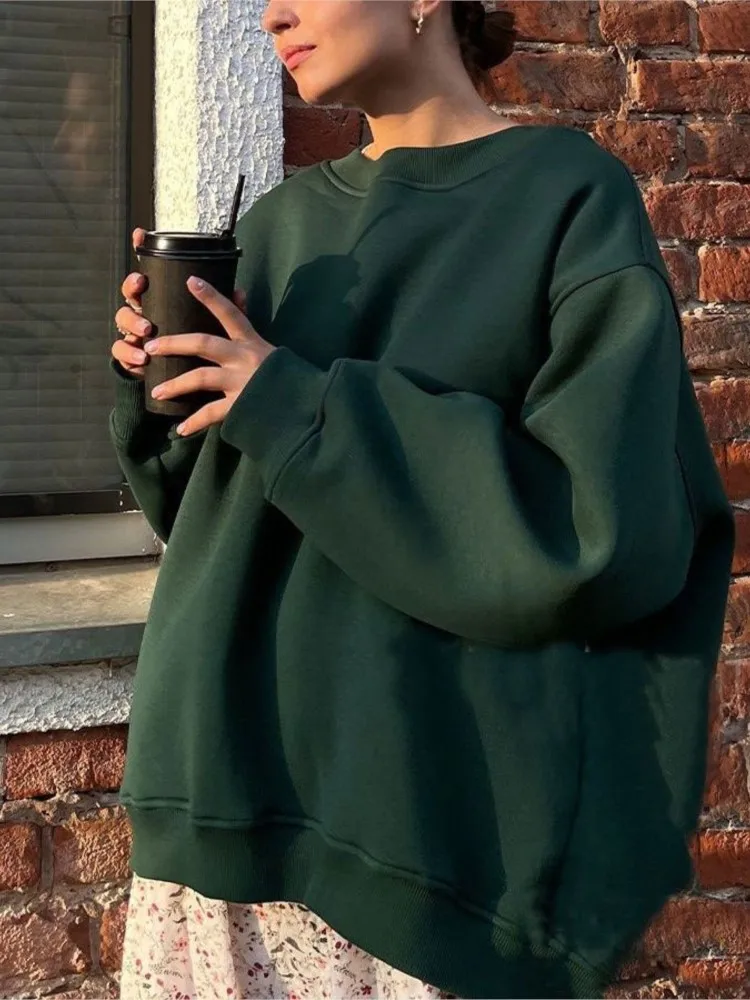 Casual Oversized Hoodies Sweatshirts For Women Fall Winter Warm Fleece Solid Sweatshirt Girls Fashion Streetwear Loose Pullovers