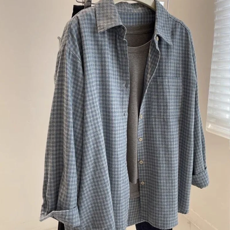 

Retro Blue Plaid Brushed Shirt for Women 2025 Lazy Casual Long-sleeved Design Jacket Top