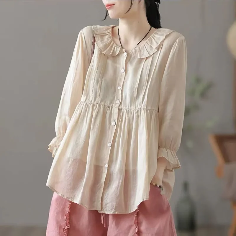 

Women's Ruffle Collar Peplum Blouse Summer Sheer Chiffon Long Sleeve Button Down Shirt