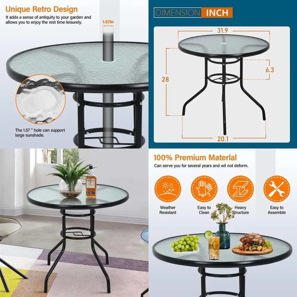 

Round Patio Dining Table with Tempered Glass and Umbrella Hole for Outdoor, Balcony, Yard