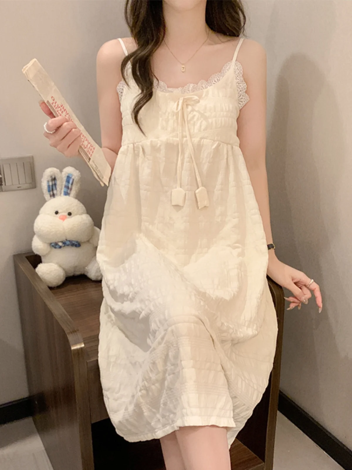 

Cloud Cotton Summer Sweet Sle Women's Sp Dr with Chest Pad No Sve Mid-Length V-Ne Print Home Clothes Pyjamas