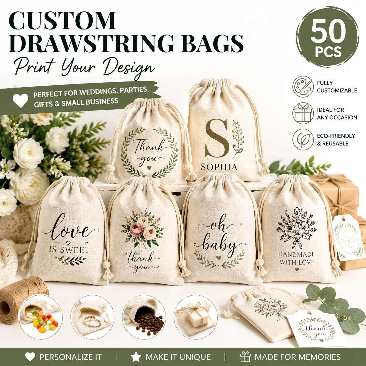 50Pcs Personalized Cotton Linen Pouches Custom Small Drawstring Bags Wedding Favors Party Gift Packaging Eco Burlap Jewelry Sack